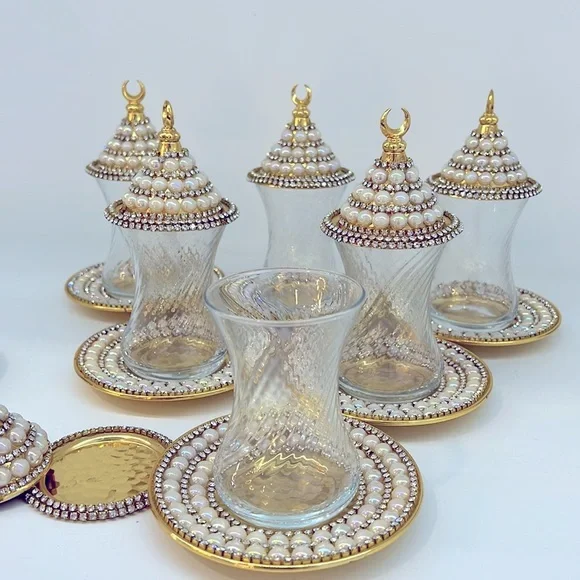 NEW HANDMADE TURKISH TEA SET WITH PEARLS - Picture 4 of 17
